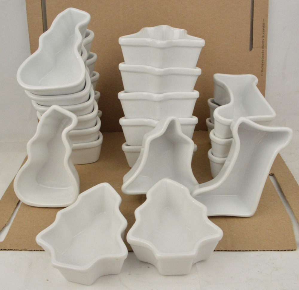 19pc White Ceramic Christmas Ramekins Holiday Tree Bell Snowman Stocking Bowls